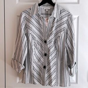 Dress Barn Woman Button Down Shirt Black/White/Silver Stripes Size 1X NWT